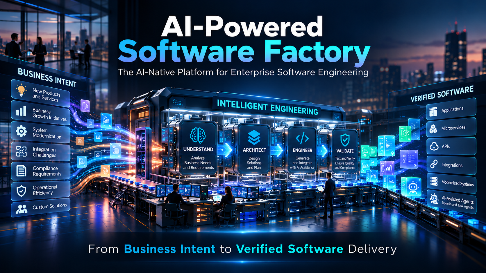 AI-Powered Software Factory intelligent engineering conveyor: engineers, AI-assisted agents, and verified software delivery